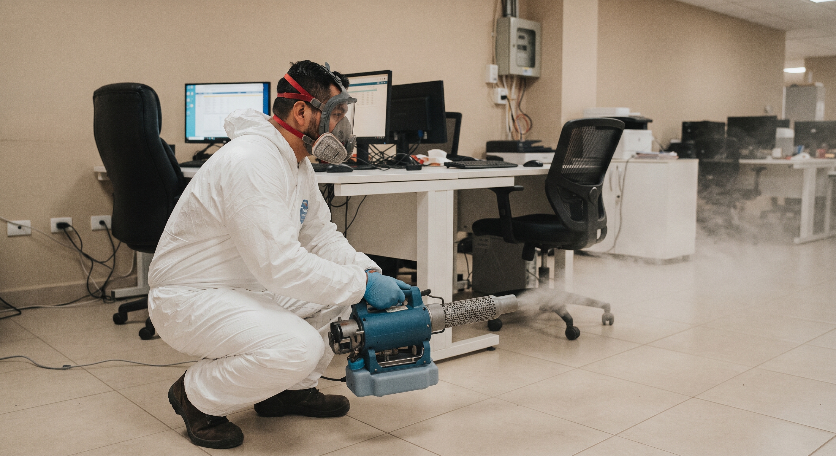 Técnico de CONESPLAG en traje de bioseguridad aplicando nebulización en frío ULV para desinfección ambiental en Quito