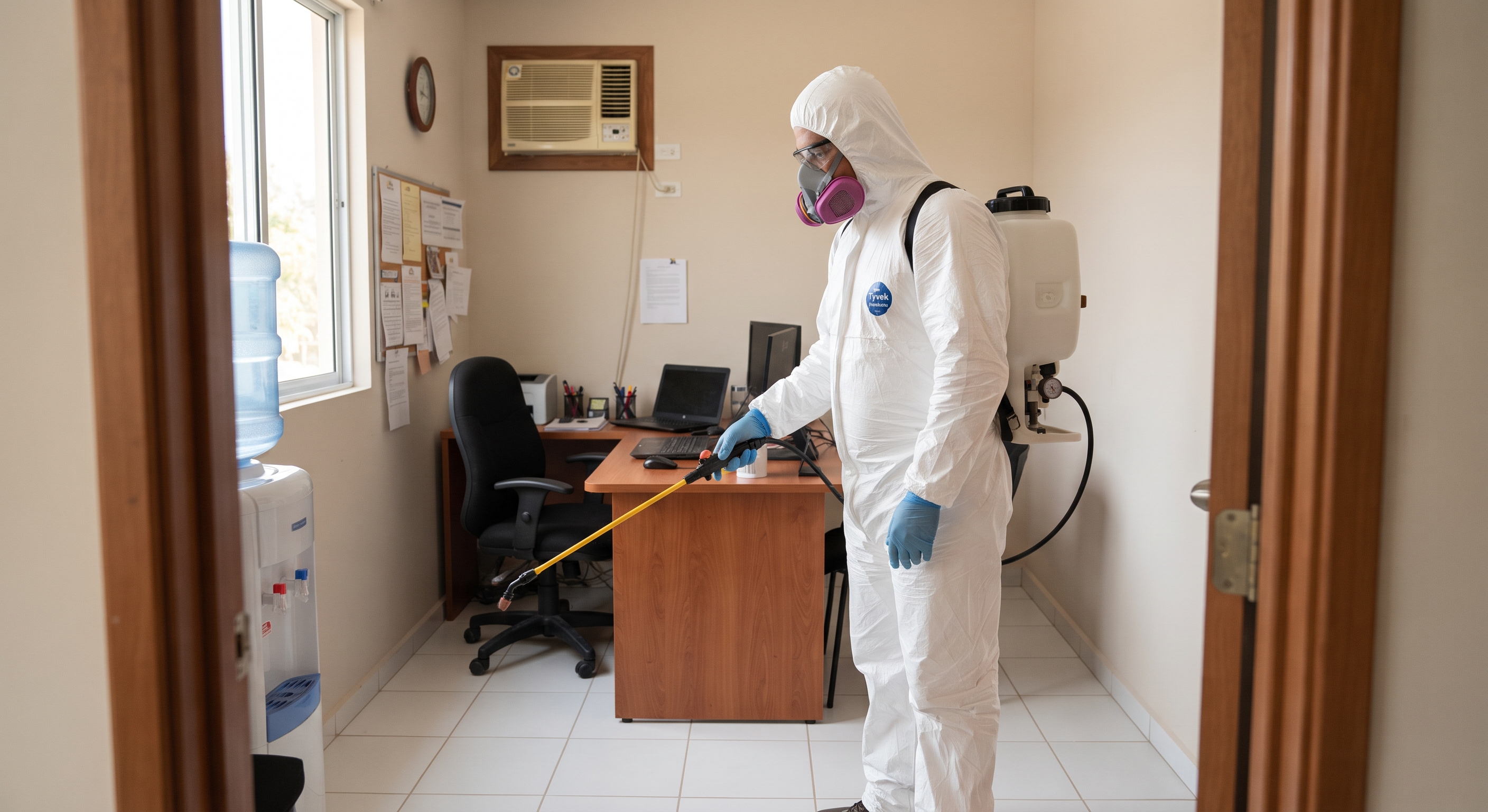 Técnico de CONESPLAG aplicando tratamiento focalizado con equipo de bioseguridad en interiores