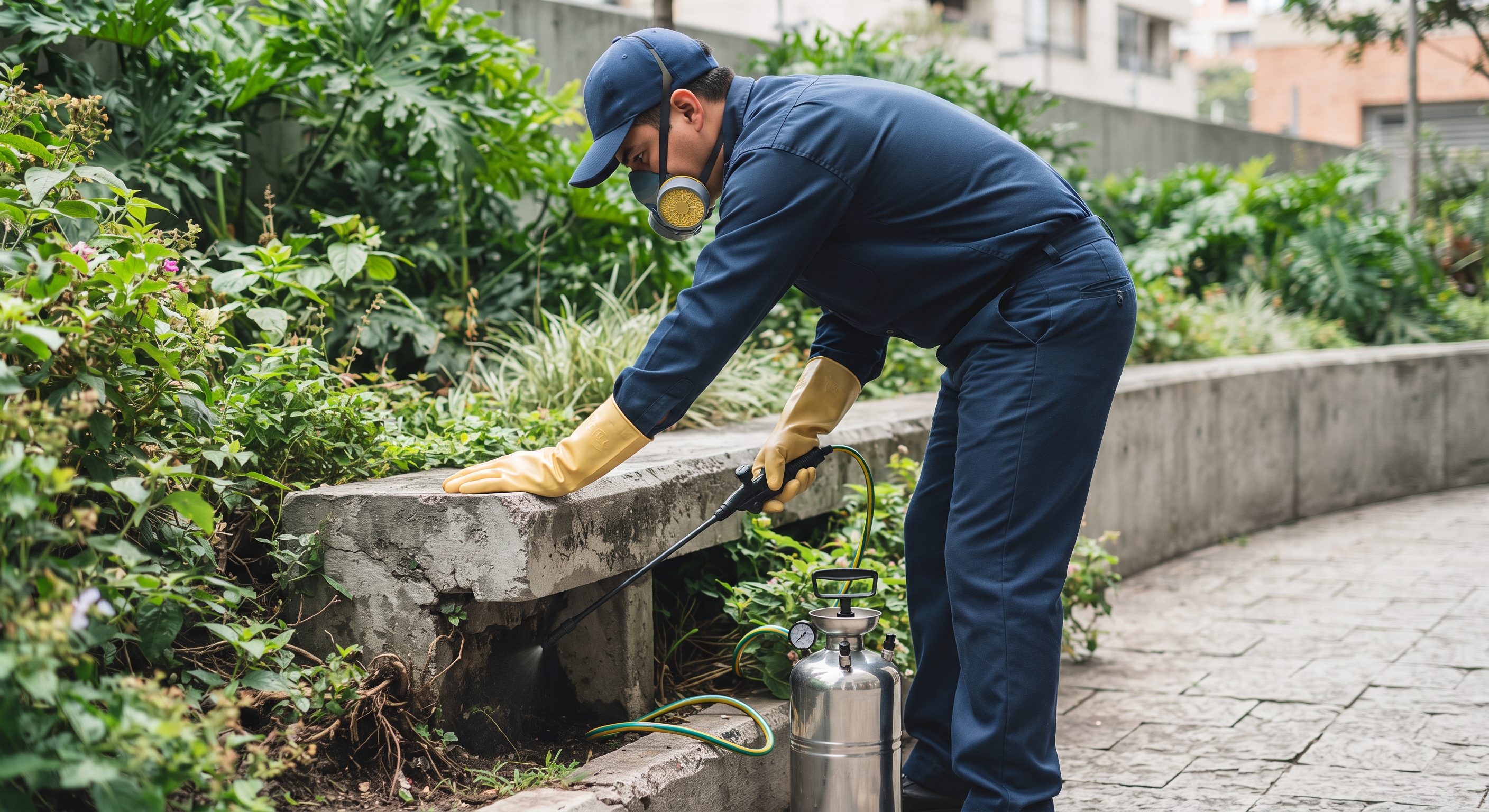 Técnico de CONESPLAG en control perimetral y jardines con pulverizadora de acero inoxidable