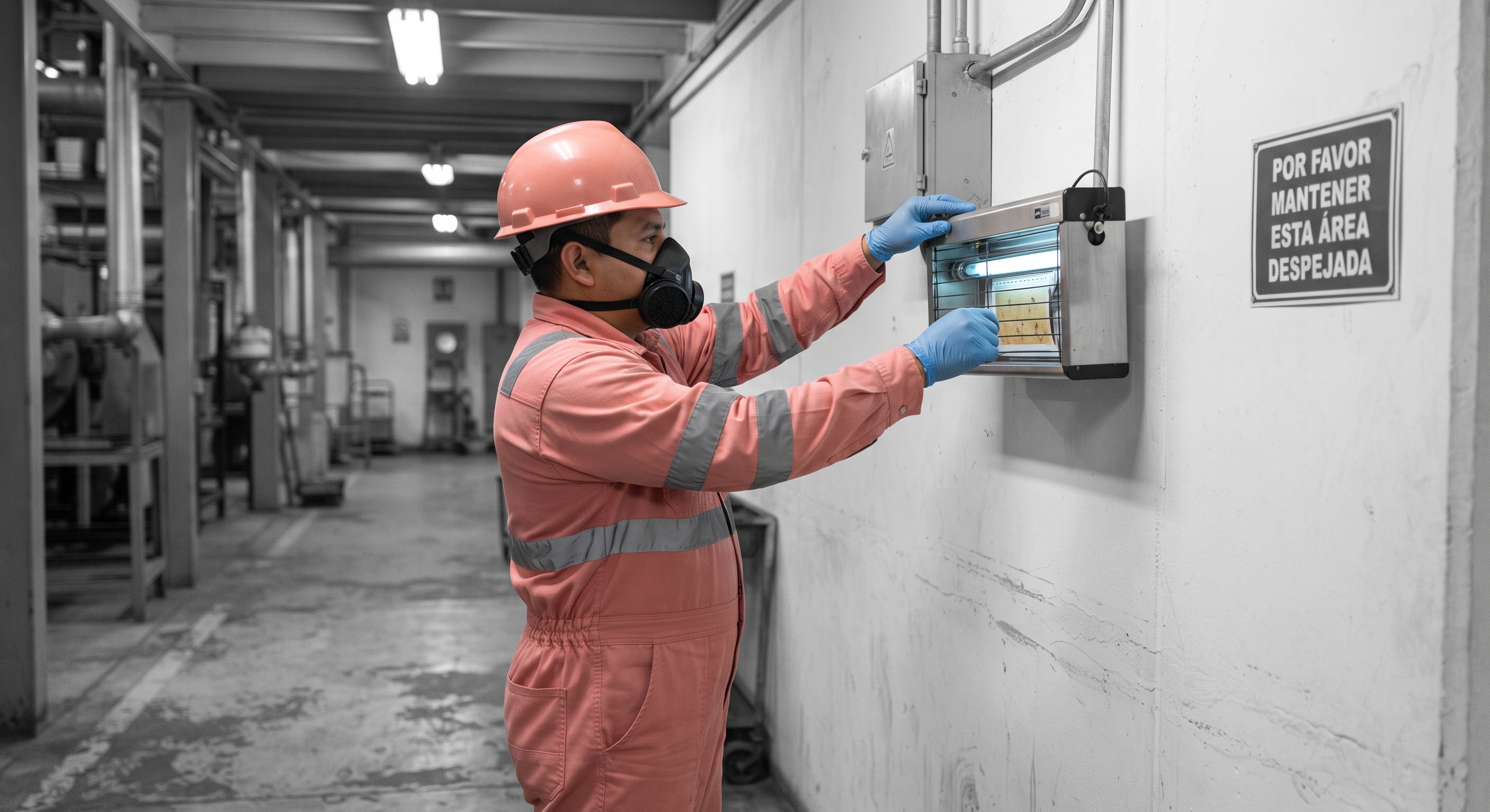 Técnico de CONESPLAG inspeccionando trampa de luz UV para insectos voladores en planta industrial