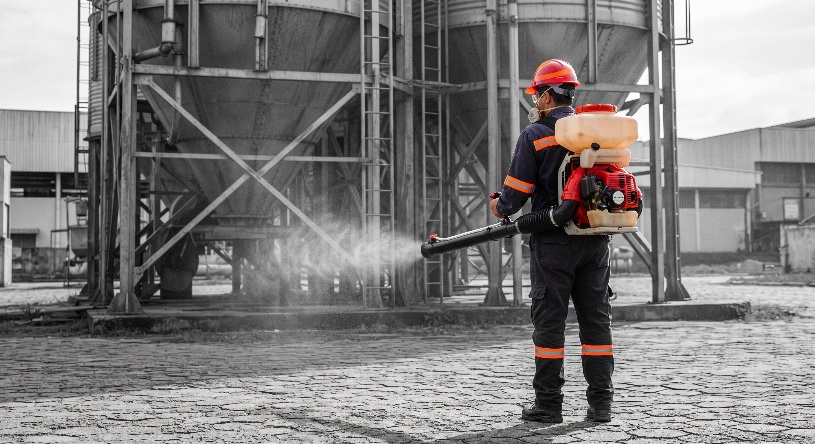 Técnico con motonebulizadora de alta potencia fumigando silos y perímetro exterior